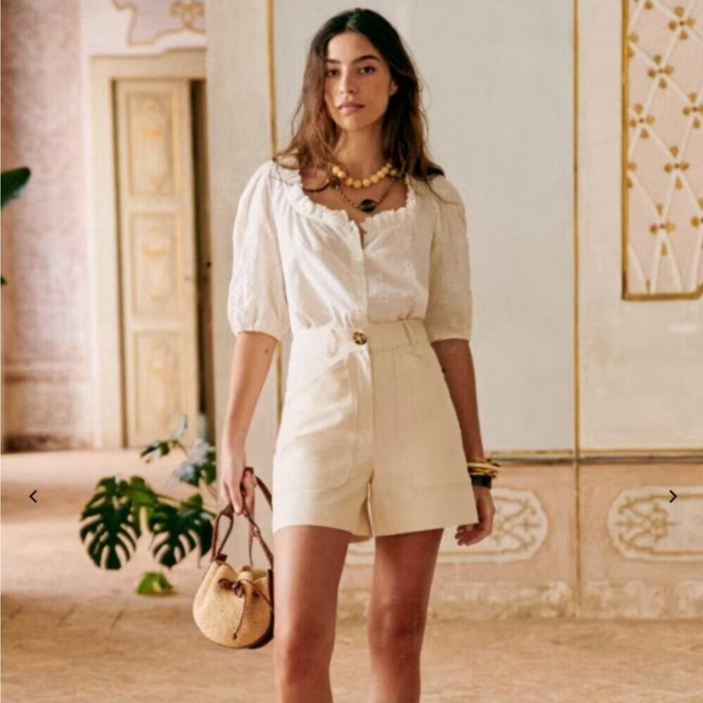 Sezane Kellia Puff Sleeve Cream Daisy Embroidered Cotton Blouse